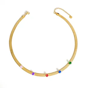 Stainless Steel Snake Chain Necklace With Round Colorful Zirconia Gemstones Minimalist Clavicle Jewelry For Women