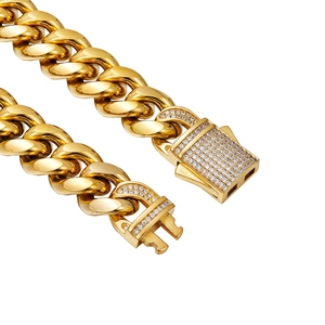 Men's 14mm gold-plated stainless steel Cuban link chain necklace with diamond-set clasp