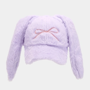 Detailed macro view of lavender plush baseball cap with long bunny ears and bow embroidery