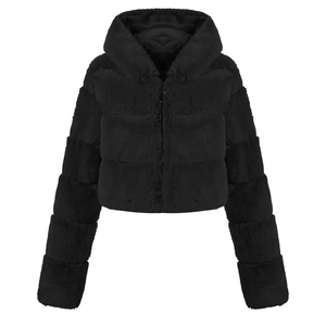Detail of black faux fur coat featuring hooded design and metal ring zipper puller