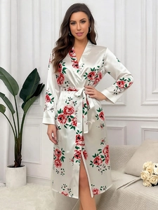Full length view of white satin robe with red rose print and adjustable waist tie