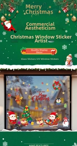 Detailed view of Christmas window decals featuring Santa, reindeer, and snowflakes