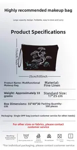 Detailed specs of pine print linen makeup bag showing size 25x17cm and lightweight texture