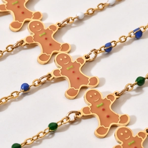 Golden stainless steel gingerbread man bracelet with colorful enamel beads for women