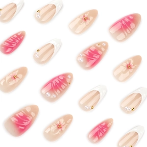 3D floral blush press-on nails with white French tips and almond shape design