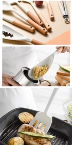 Close-up of 12-piece cream silicone cooking utensils with natural wooden handles