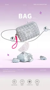 Dettaglio della borsa trucco trapuntata argento con cerniera intrecciata rosa