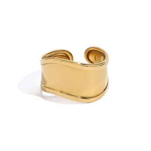 Minimalist Wide Band Ring Stainless Steel 18K Gold Plated Irregular Wavy Design Open Adjustable Geometric Jewelry Women