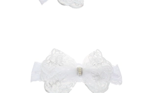 Detailed close-up of white lace bow headband with pearls and rhinestones for infants