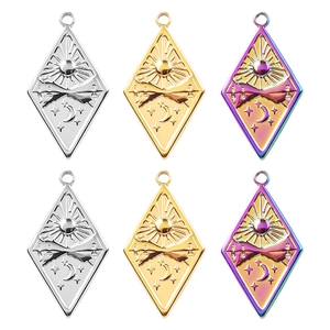 Vintage Rhombus Pendant Necklace 304 Stainless Steel Sun Moon Star Mountain Engraved Celestial Jewelry For Women