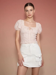 Pink puff sleeve square neck top with white high waist cargo skirt for women