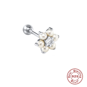S925 sterling silver flower stud earring with pearls and crystal stone centers