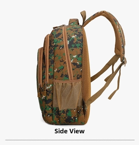 Side view of pixel camouflage backpack with durable mesh pockets and padded straps