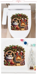 Detail showing Christmas hamster stickers on a white wall and toilet lid for holiday decor