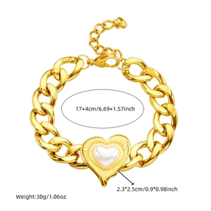 Gold Cuban chain bracelet with pearl heart pendant, 17+4cm length and 30g weight