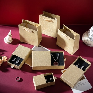 Golden glitter drawer jewelry boxes and gift bags set for rings and necklaces