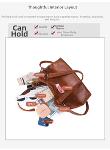 Détail de l'intérieur spacieux d'un sac en cuir marron montrant le rangement d'objets divers
