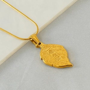 18K Gold Plated Stainless Steel Leaf Pendant Necklace For Women Lucky Chinese Characters Snake Bone Chain Fashion Jewelry