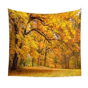 Detail of high-definition autumn forest tapestry showing golden maple leaves and woodland path