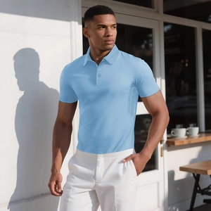 Men's light blue piqué cotton polo shirt with classic three-button collar design
