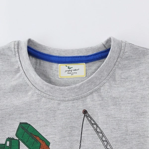 Kids grey long sleeve t-shirt with cartoon construction truck print and blue neckline