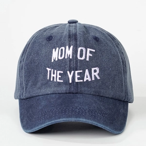 Classic navy denim baseball cap with Mom Of The Year embroidery and adjustable strap