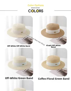 Detail view showing four colors of straw sun hats with metal logos and ribbon accents