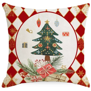 Linen Christmas throw pillow case featuring festive tree and gift prints for holiday decor