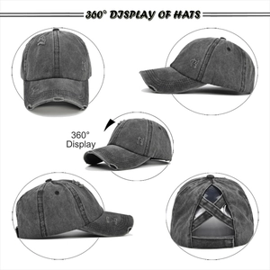 Vintage washed dark grey ponytail baseball cap with distressed details and 360-degree view