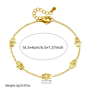 Gold-plated stainless steel Hamsa hand bracelet with adjustable 16.5+4cm chain length