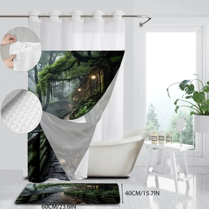 Detail of forest waffle fabric shower curtain texture and metal hanging ring hooks