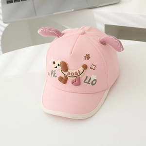 Detailed view of pink kids baseball cap with 3D ears and cute cartoon dog patch embroidery