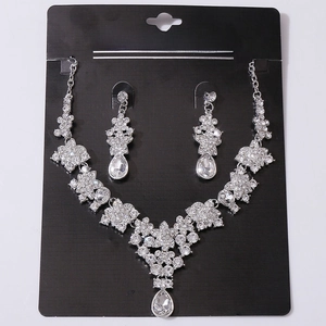 Detail of silver rhinestone bridal necklace and teardrop earrings on black display card