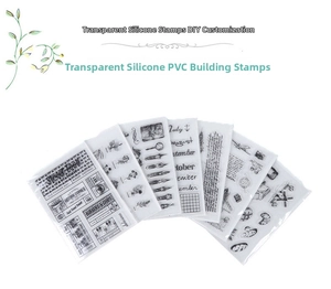 Macro view of vintage style transparent silicone stamps with architectural and calendar motifs