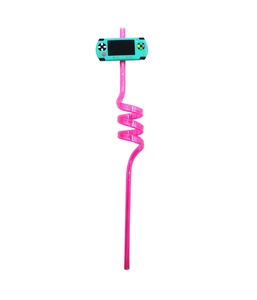 Detailed view of a pink spiral straw featuring a turquoise game console charm decoration