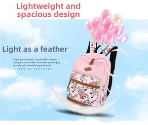 Floral print pink backpack with leather accents shown floating with feathers and balloons