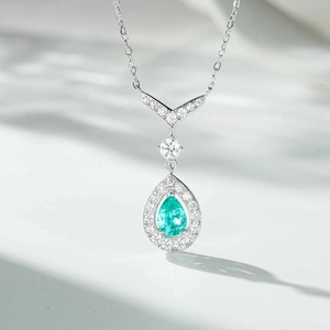 S925 sterling silver necklace with V-shaped pear aquamarine pendant and pavé diamonds