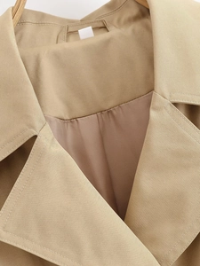 Close-up of khaki lapel collar and precision stitching on a classic trench coat