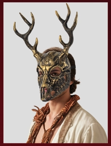 Close-up of bronze deer skull mask with detailed antlers on a male model for Halloween
