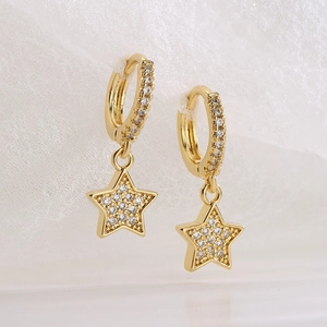 Minimalist 18K gold plated star hoop earrings with sparkling zircon stones for women
