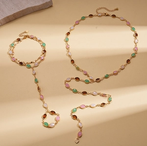 Bohemian gold necklace and hand chain set with multicolored resin oval gemstones