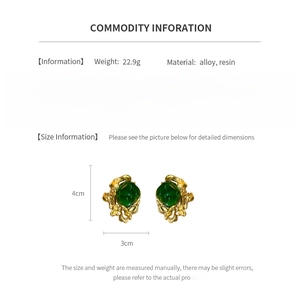Detailed product specs of vintage emerald earrings with resin and alloy material info