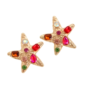 Exaggerated colorful rhinestone starfish earrings with gold alloy texture for ocean style