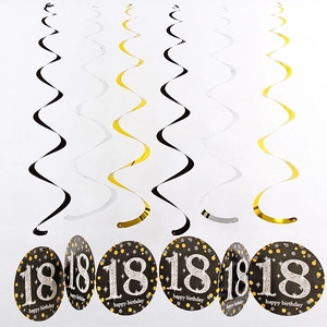 Decorazioni per 18° compleanno in PVC nero, oro e argento con spirali e pendenti rotondi