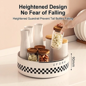 Rotating kitchen spice rack in cream white with a 90mm high guardrail for safe storage