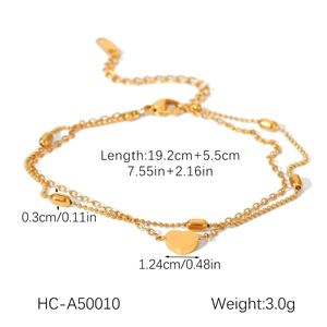 Detailed size chart for 18K gold plated stainless steel heart anklet with bead chain