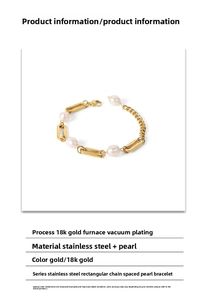 Detail view of 18K gold plated stainless steel bracelet with baroque pearls and chain links