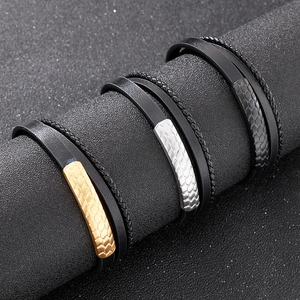 Men's woven leather bracelets with textured geometric stainless steel magnetic clasps