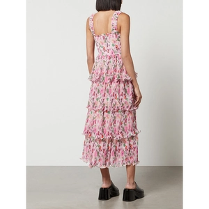Pink floral layered ruffle dress featuring a tiered cake hem and wide shoulder straps