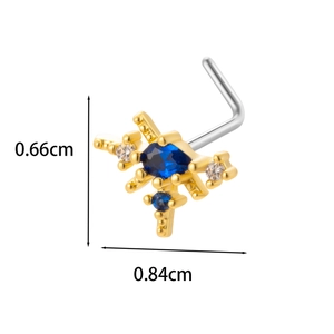 Detailed view of L-shaped gold nose stud with blue gem and zircon cross design with dimensions